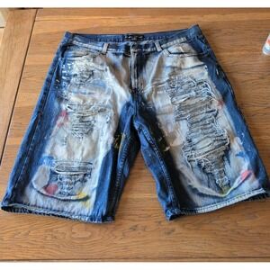Diamond Stash Jean Shorts Men 46x13 Blue Jorts Destroyed Bleached Rips Paint EUC